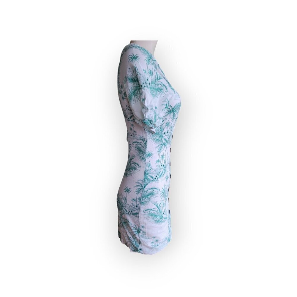 Linen Lux XS Teal Palm Print Linen Blend Mini Dress Square Neck Puff Sleeve Cute - Picture 7 of 14
